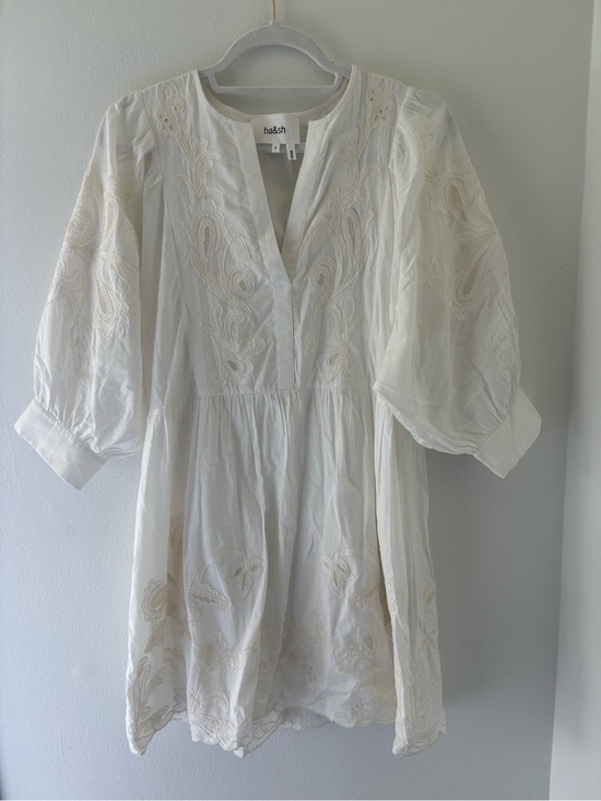 ba&sh Dresses & Skirts - ba&sh White Embroidered V-Neck Mini Dress with Puff Sleeves
